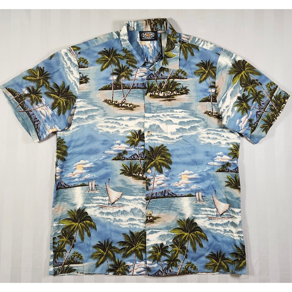 Pacific Legend Hawaiian Shirt Mens Large Blue Tropical Palm Tree Cotton Vintage
